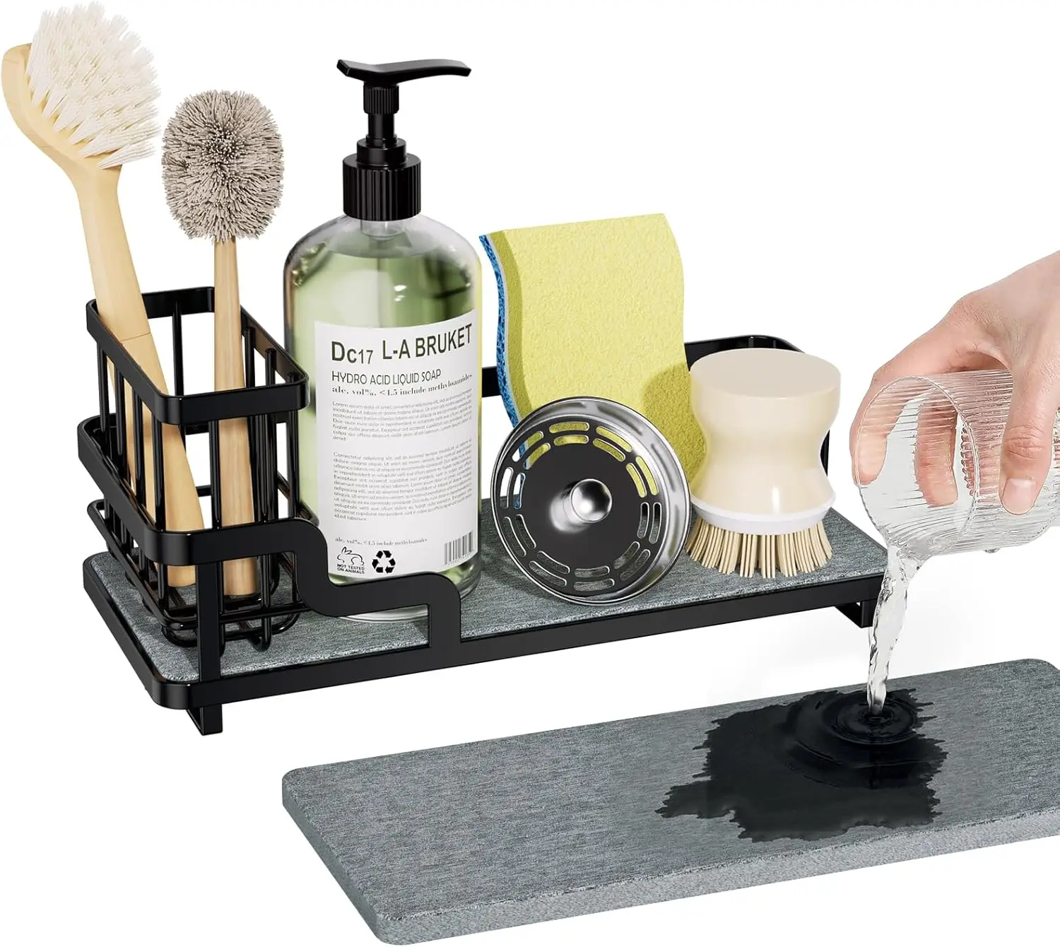 

Держатель для губок Consumest для кухонной раковины - Органайзер для раковины с впитывающим каменным поддоном, съемным держателем для щеток, из нержавеющей стали