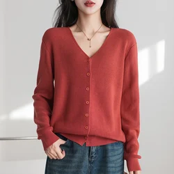 Spring 100% Cotton Knitted Cardigan Sweater Women V-neck Solid Color Long Sleeve Top Autumn Fashion Female Basics Loose Jacket