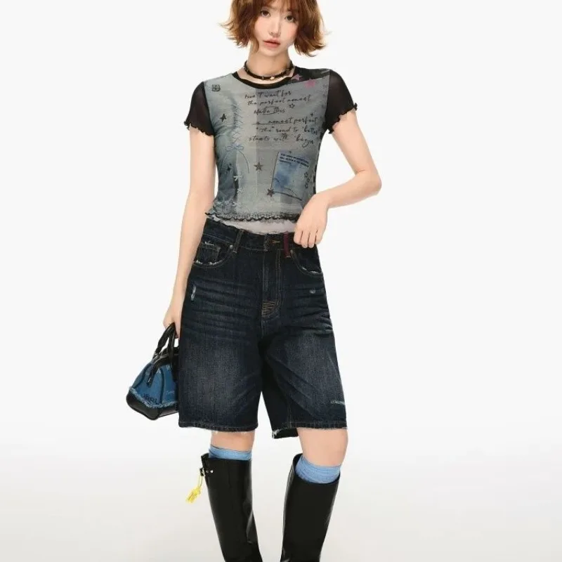 Kimotimo American Retro Mesh Print Short Sleeve T-shirt Women Summer New Y2k Aesthetic Slim Fit Crop Top Sweet Spicy Girl Tees