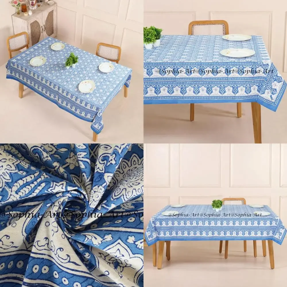 

Rectangular Outdoor Cotton Tablecloth 60x90 Inches, 6 Seater, Hand Block Printed for Patio, Camping, Holiday Parties, Washable