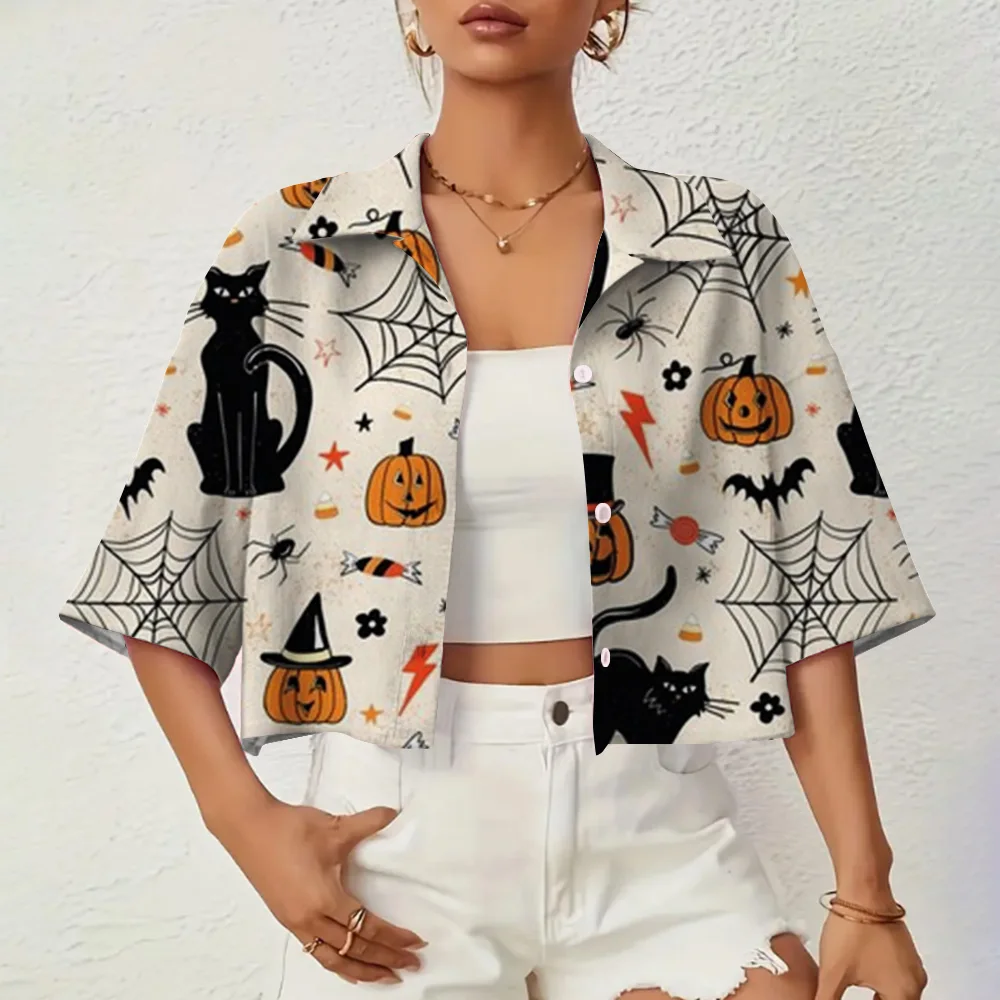 Halloween Elements Printed Women\'s Shirts Bat Pumpkin Pattern Elegant Fashion Short-sleeved Button Down Shirts 2024 Summer