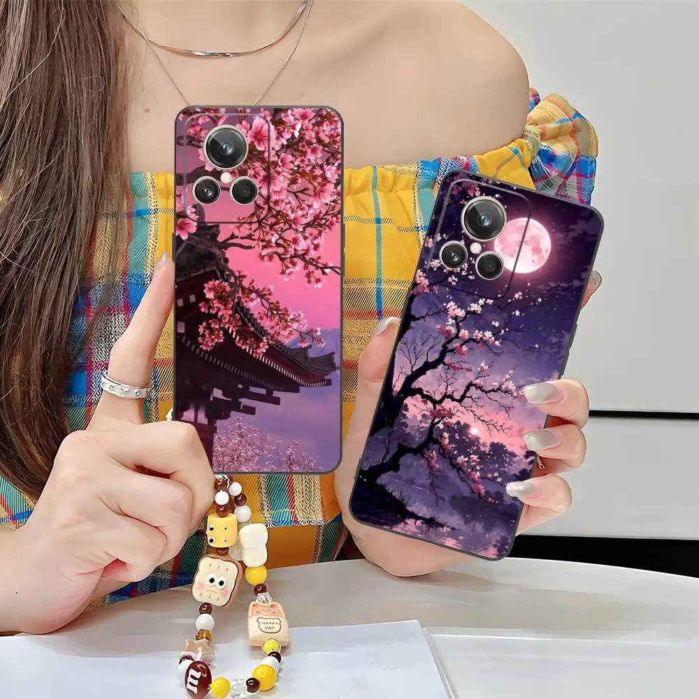 Sakura Moon Phone Case for Realme 15 14 13 12 11 10 9 Pro Plus T i Lite 5G Soft TPU Shockproof Cover