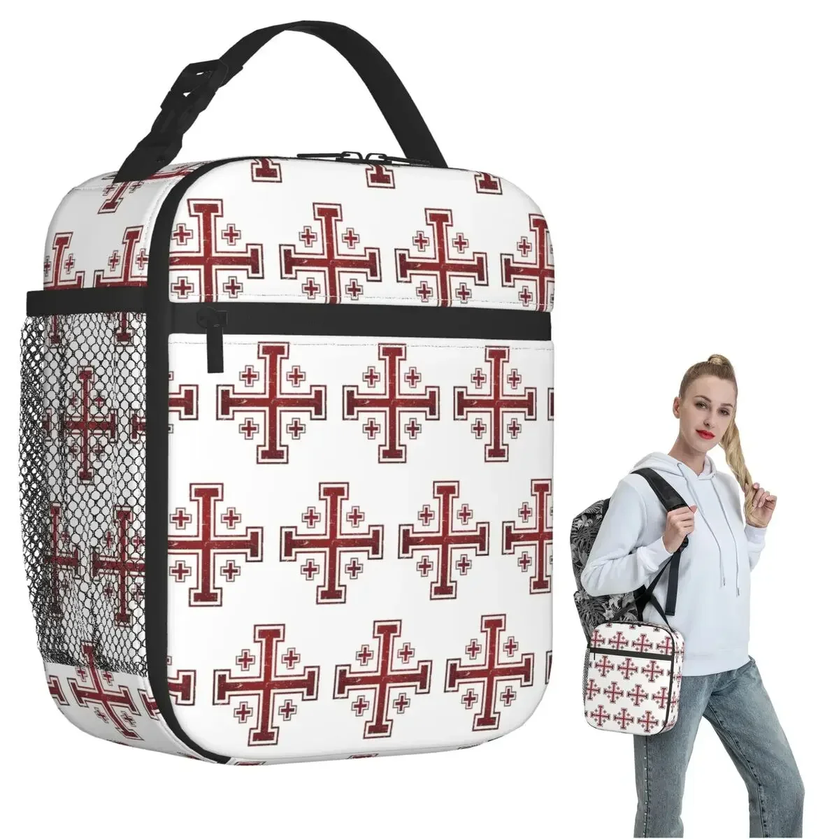 Jerusalem Cross Medieval Knights Cross Crusader Insulated Lunch Bag for Women Children Portable Food Boxe Thermal Lunch Box Tote