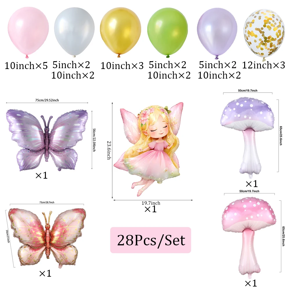 20/28-teiliges Feen-Themen-Ballonset Rosa Lila Fee Schmetterling Pilz Folienballon Mädchen Geburtstag Feenwunderland Party Deko – Detail 4