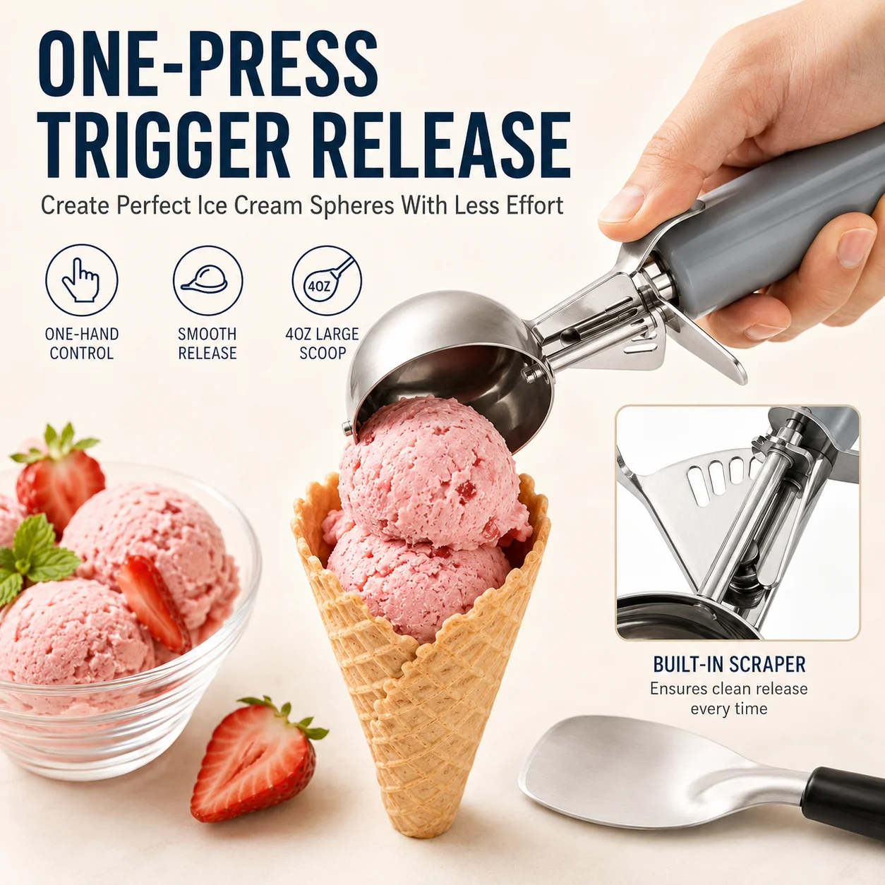 2 PACK Professional Ice Cream Scoop Set With Trigger And Spade Heavy Duty Stainless Steel Scooper For Gelato Sorbet Tools