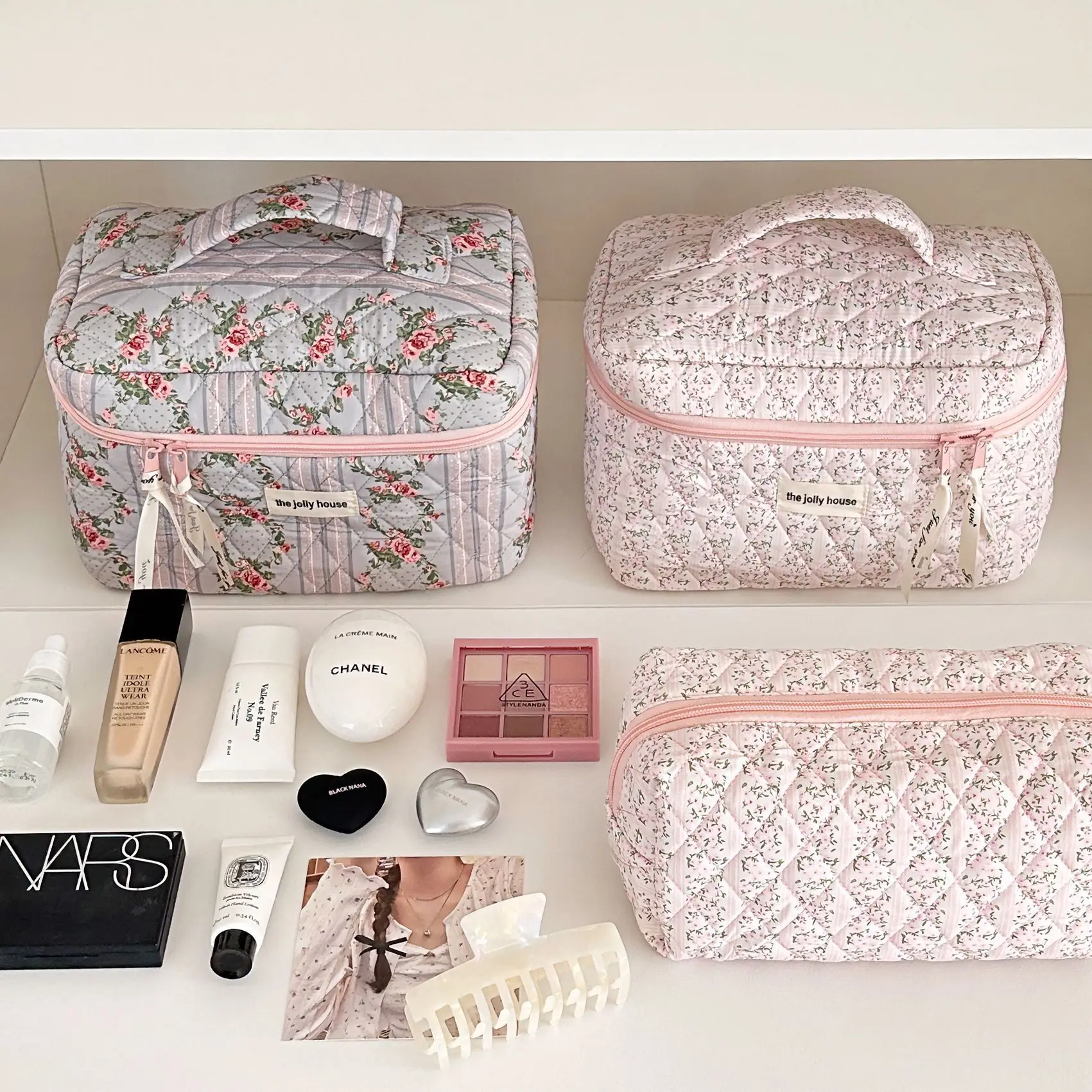 Quilting Seam Floral Print Makeup Bag Portable High-capacity Travel Women Cosmetics Storage Bag