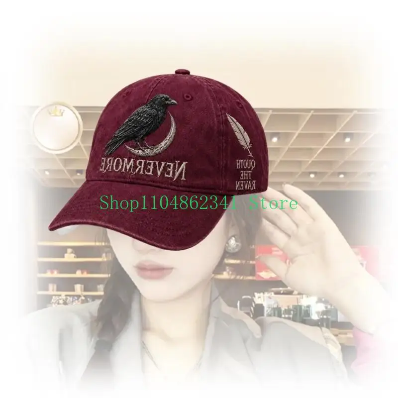 652F Moon Crow BaseballCap with Embroidery, Nevermore Text, Curved Brims, and Classical Paneled Crown Structure for Women Men