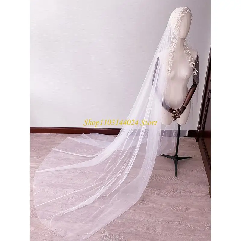 N5KE Romantic for 3m Trailing Cathedral Wedding Veil One-Layer Pearl Beading Headpiec