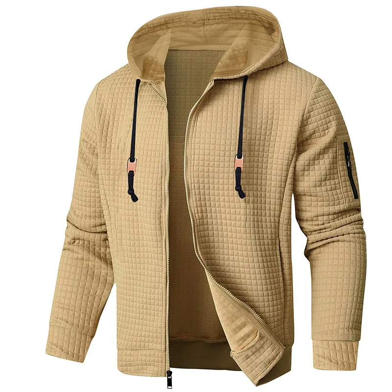 2025 Autumn Winter Men Jacket Fashion Waffle Grid Men Outdoor Sports Cardigan Zipper Long Sleeves Casual Hooded Coat For Male