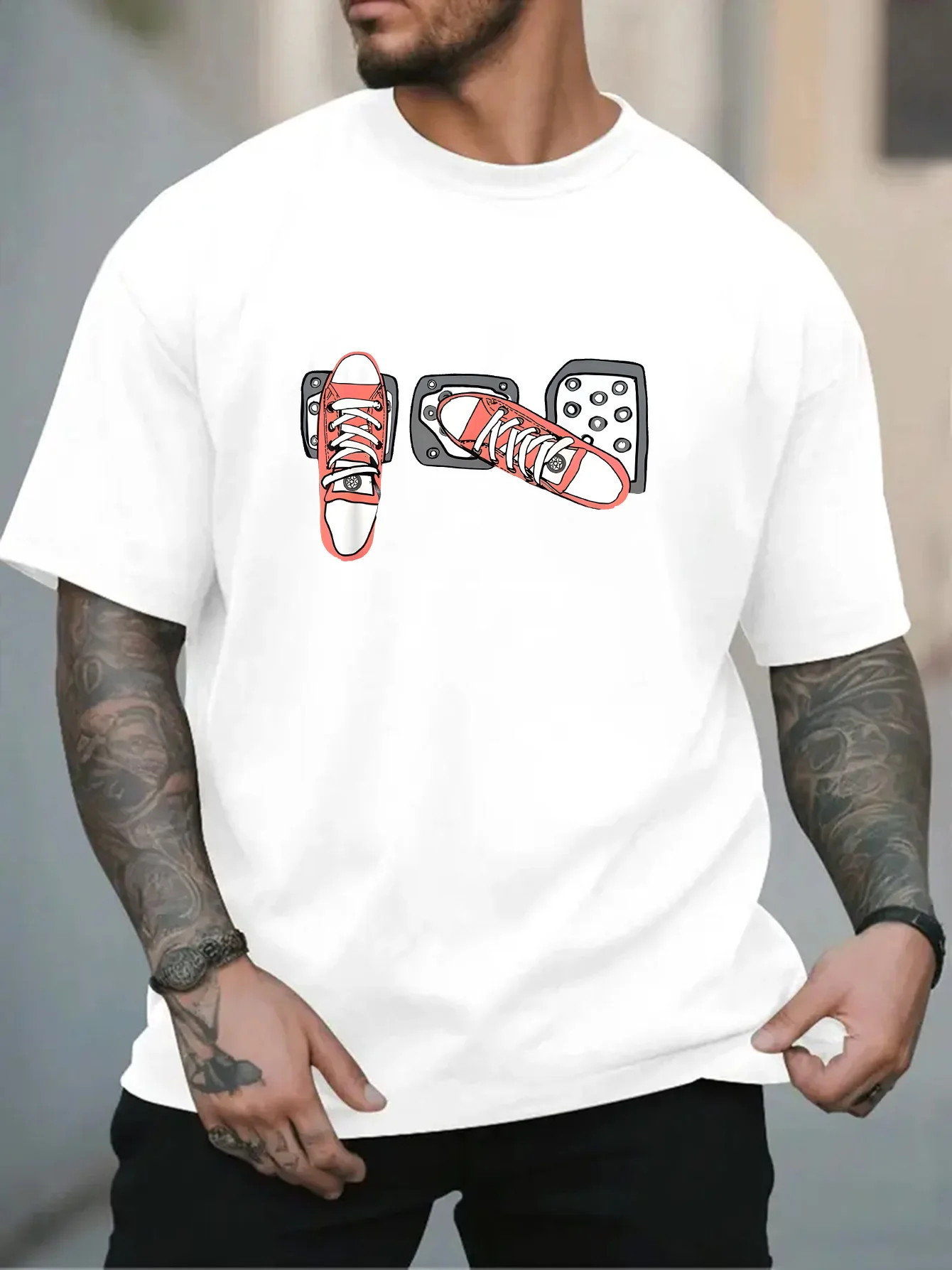 New Male White Round Neck T Shirt Red Canvas Shoes On Three Car Pedals Manual Gear Car Guy Humorous Daily Light Cotton Tees