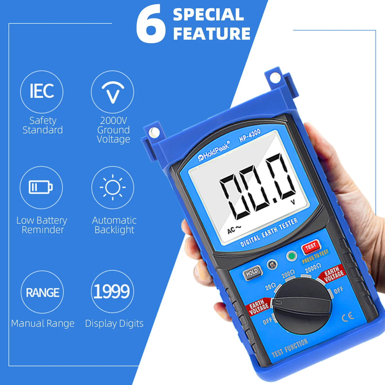 HoldPeak HP-4300 Ground Resistance Tester LCD Digital Earth Resistance Voltage Megohmmeter Voltmeter