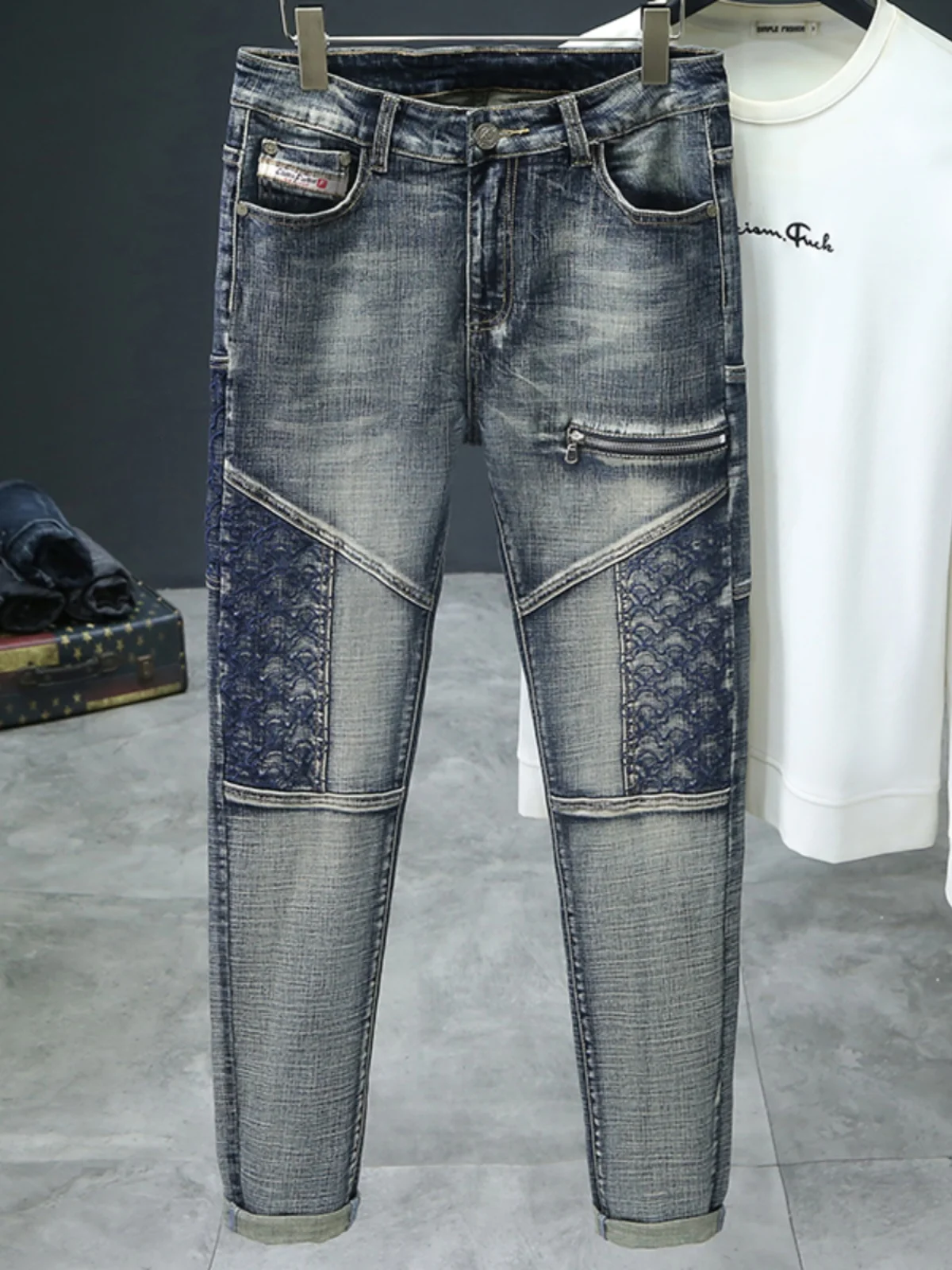 

Мужские джинсы в стиле ретро с пэчворком, облегающие, весенне-осенние, высококачественные, мотоциклетные, повседневные, на молнии, молодежные, трендовые, джинсовые брюки