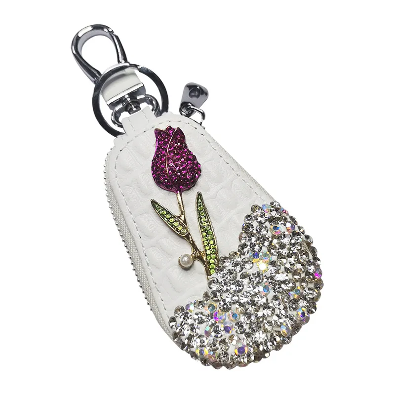 

Bag Diamond Rhinestones Pu Rose Design Fob Holder Keychain Case Remote Bling Cover Pouch Key Accessory Portable Keychain Pouch