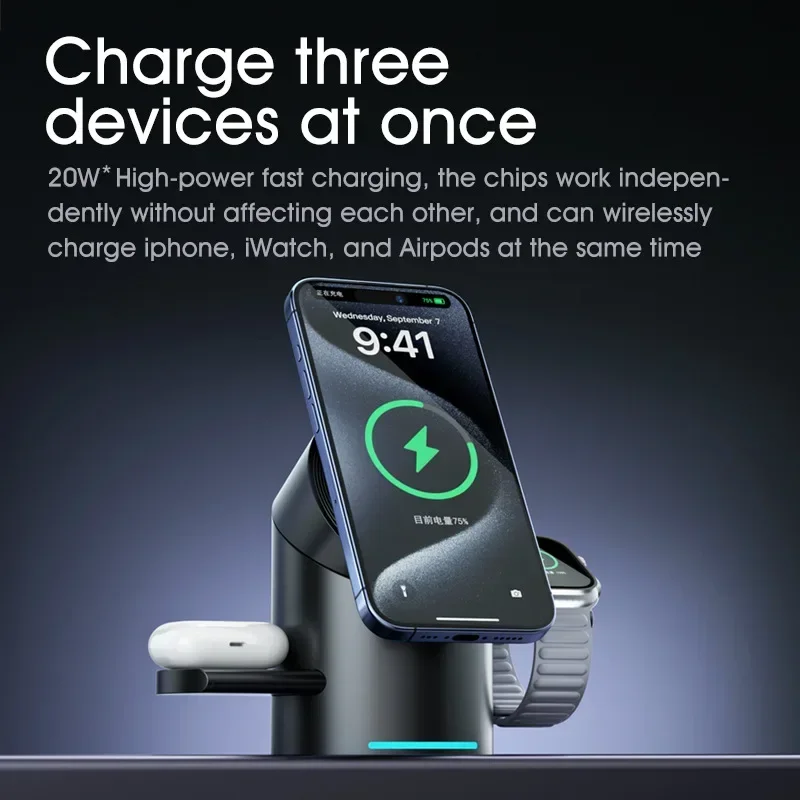New Smart 15W Qi2 3 In 1 Magsafe Magnetic Autorotation Wireless Charger For iPhone iWatch Airpods Fast Charging Dock Station - Image 3