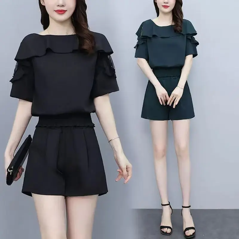 

Women's Lace Trim Short Sleeve Shorts Set High Waist Spring Summer Fashion Slimming Ensemble round Neck T-Shirt Casual Outfit
