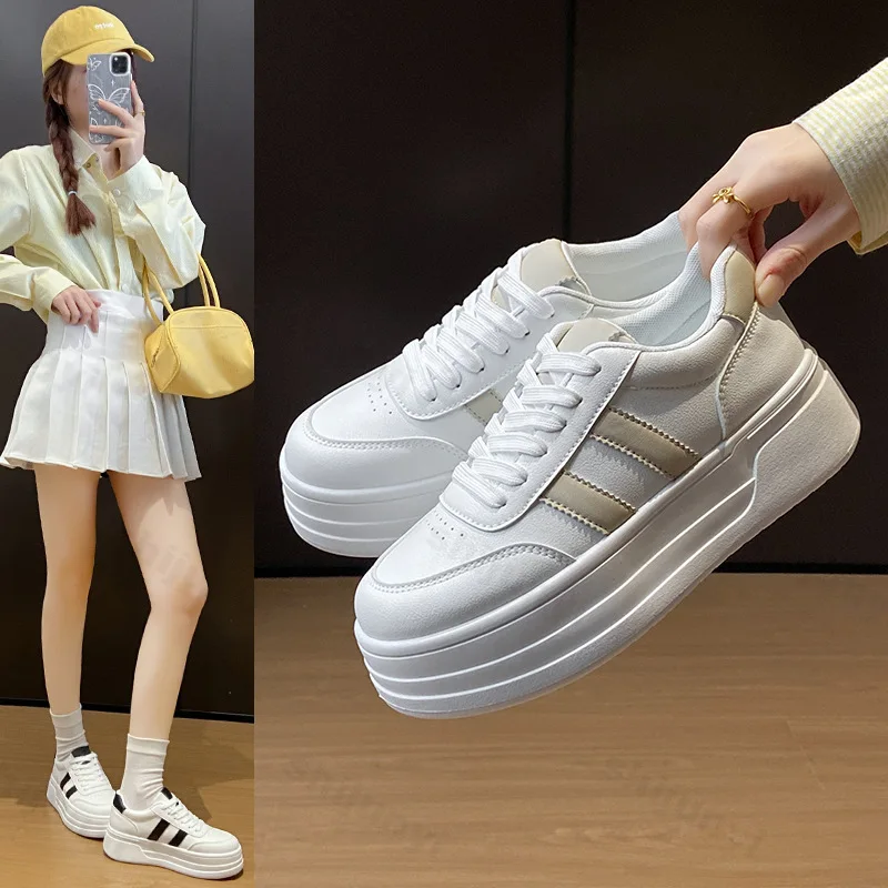 Dames casual platform sneakers, wit, vetersluiting, zachte antislipzool - lente 2025_voghion.com