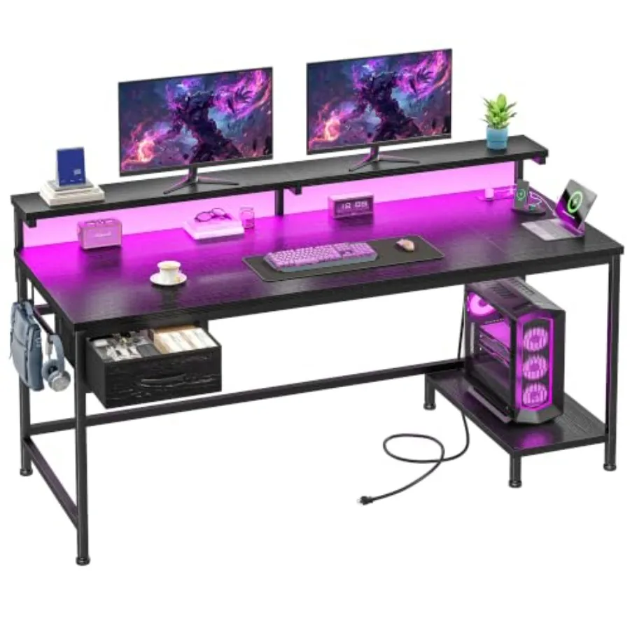 47.2 Gaming Desk with Power Outlet and LED Lights for Bedroom, Steel Frame, Black, Cable Management Adjustable Height
