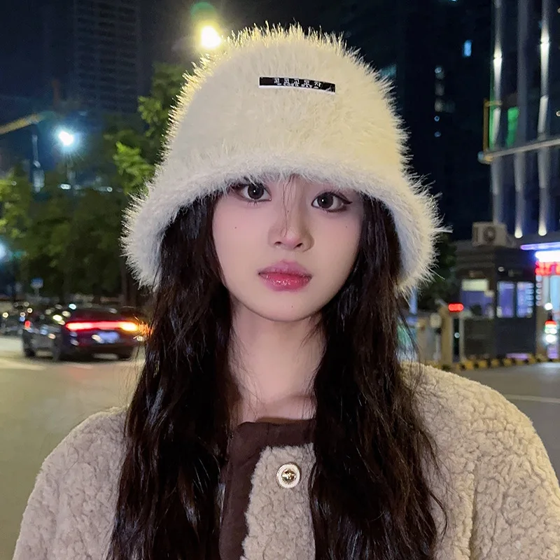 

Rabbit Hair Bucket Hat Female Hairy Fisherman Korean Style Warm Fall Winter Show Face Small Pot Winter Plush Hats Female