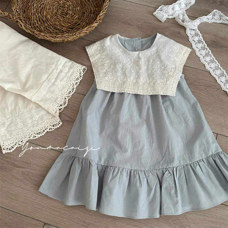

2025 Summer New Children's French Lace Collar Morandi Blue Ruffle Edge Dress Girls Sleeveless Dress