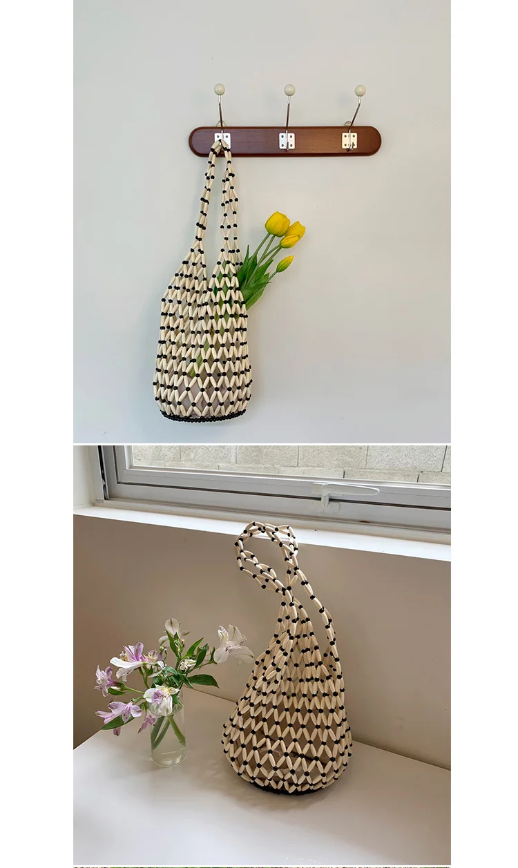 【wonder lamar】Women Handmade big wooden bead beaded hollow out Straw Bag for Summer Beach