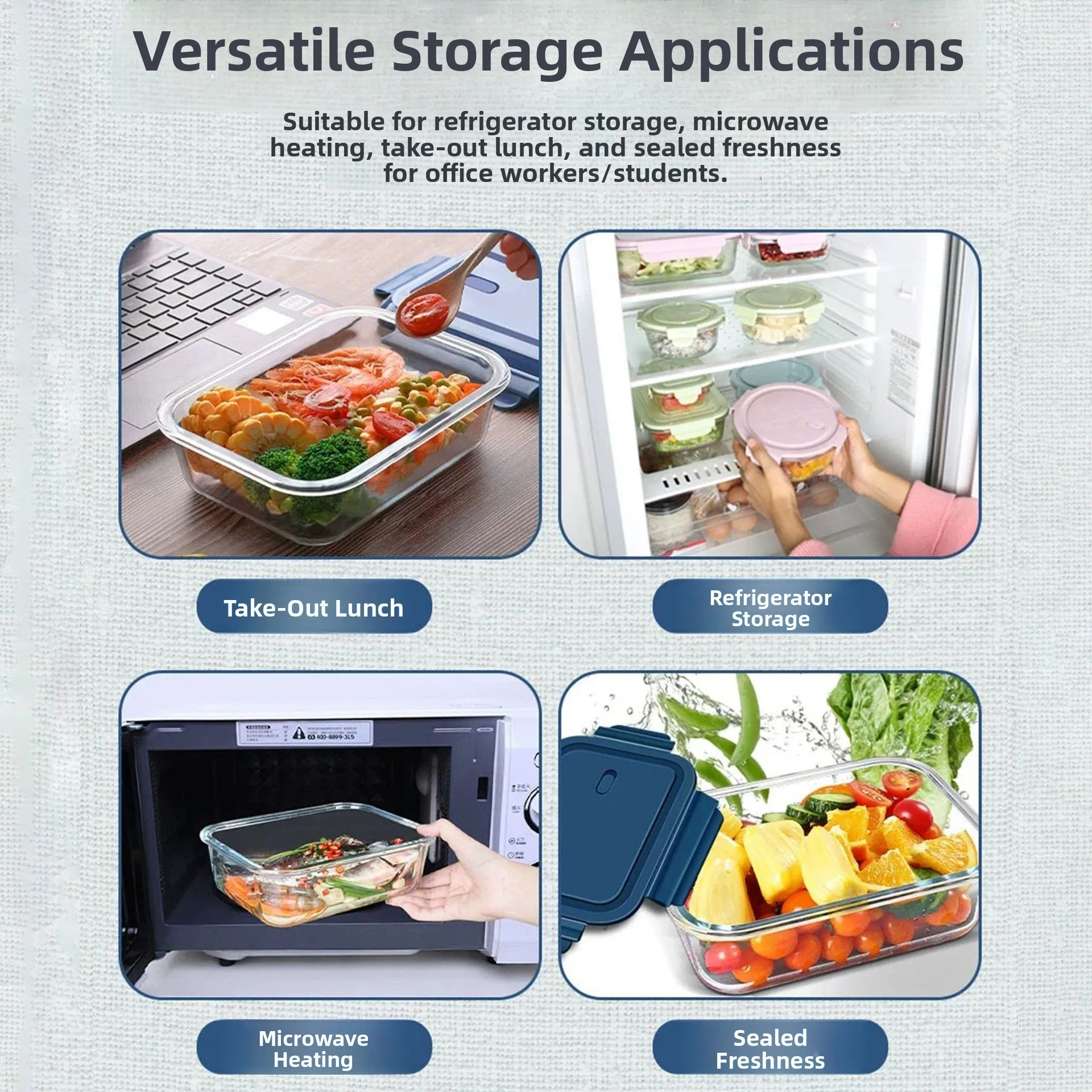 Food Grade Glass Microwave Safe Lunch Box Refrigerator Storage Sealed Meal Box Long Rectangle Stainless Steel Divided Compart... - view 4