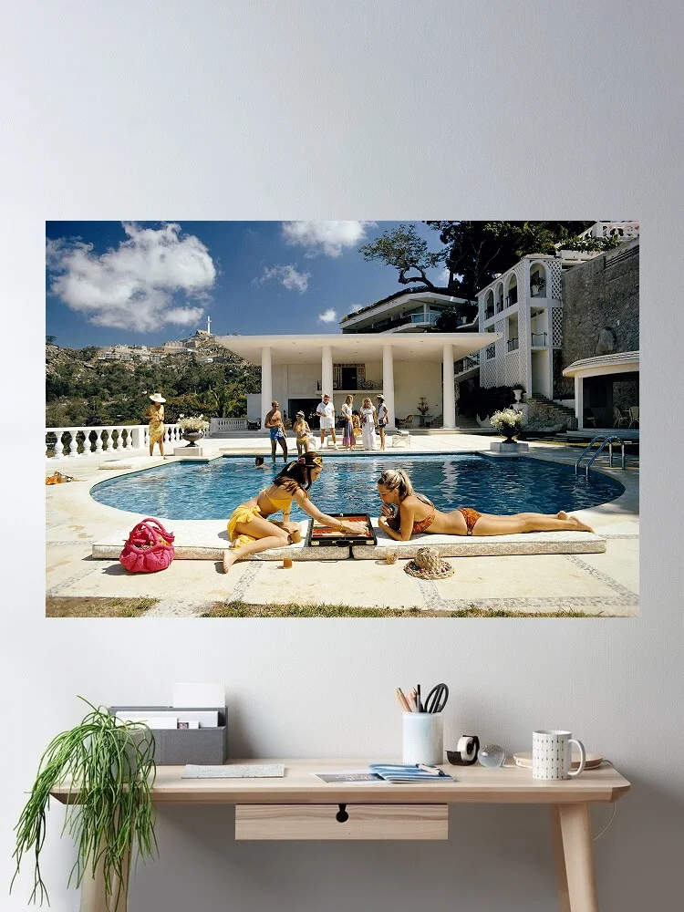 Slim Aarons Poolside Backgammon, Print Art Canvas Poster, For Living Room Decor, Home Wall Picture