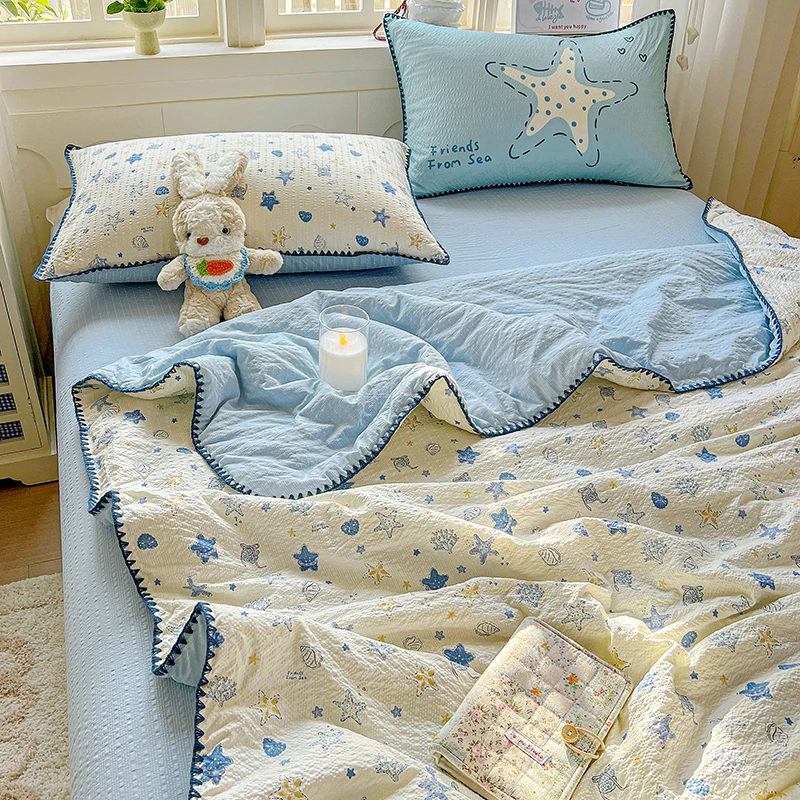 1pc Puff Yarn Summer Blanket with Embroidery Single/Queen Quilted Duvet Starfish Printed  Comforter for Summer Bedspreads 여름이불