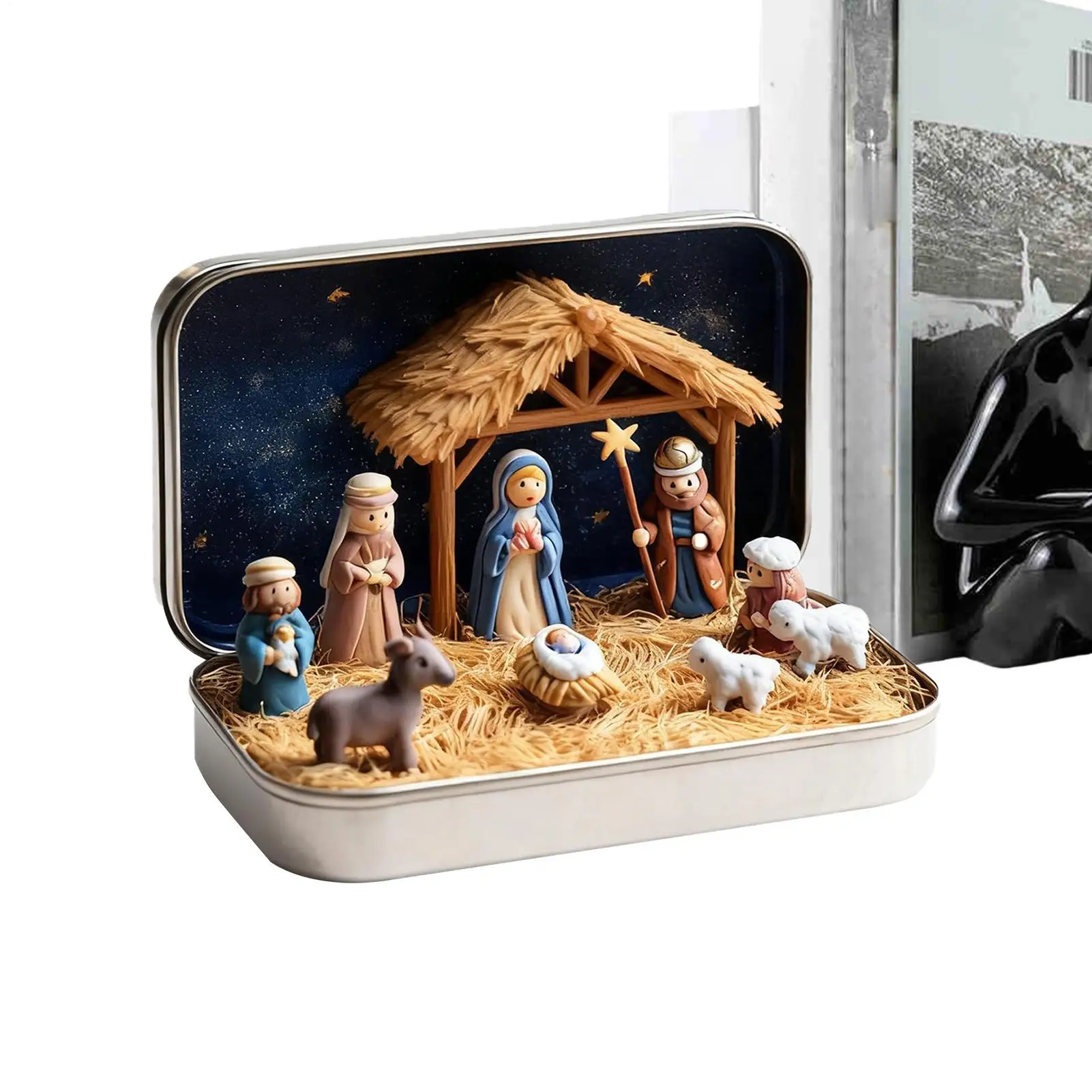 Juego de presépio de Navidad en una caja de lata, tamaño de bolsillo hecho a mano, regalo de presépio, caja de hierro, juego de presépio de resina