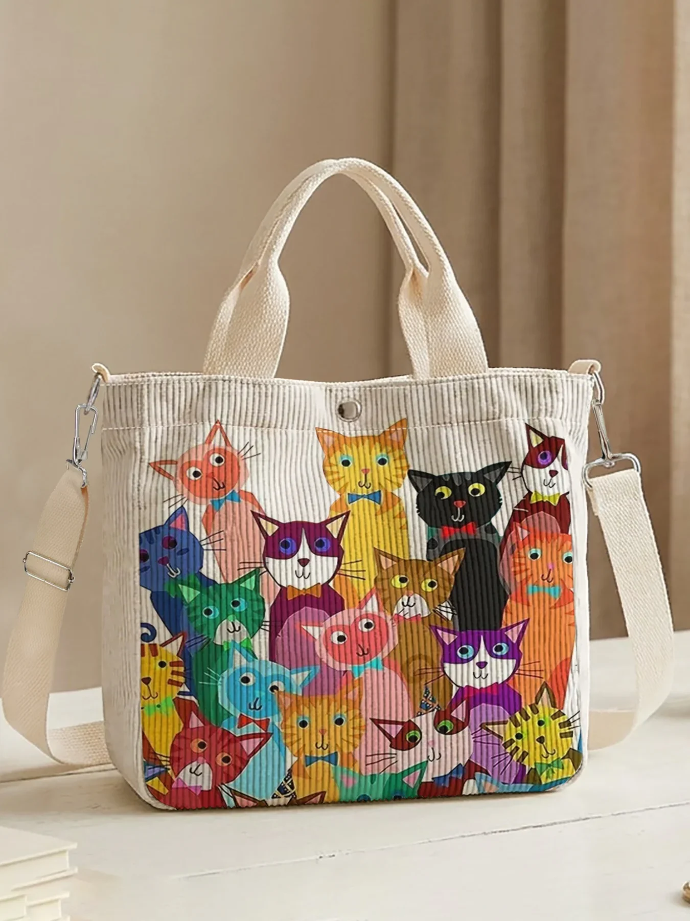 Colorful Cartoon Cats Print Corduroy Crossbody Tote Bag, Large Capacity Shoulder Bag for Work School Daily Use