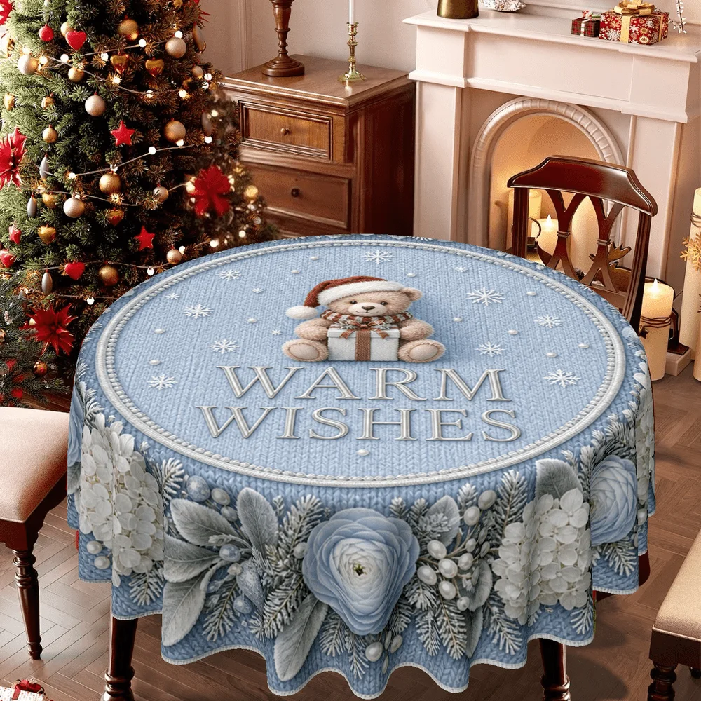 1 round tablecloth, Christmas theme, cute teddy bear with gifts, snowflake and wreath design