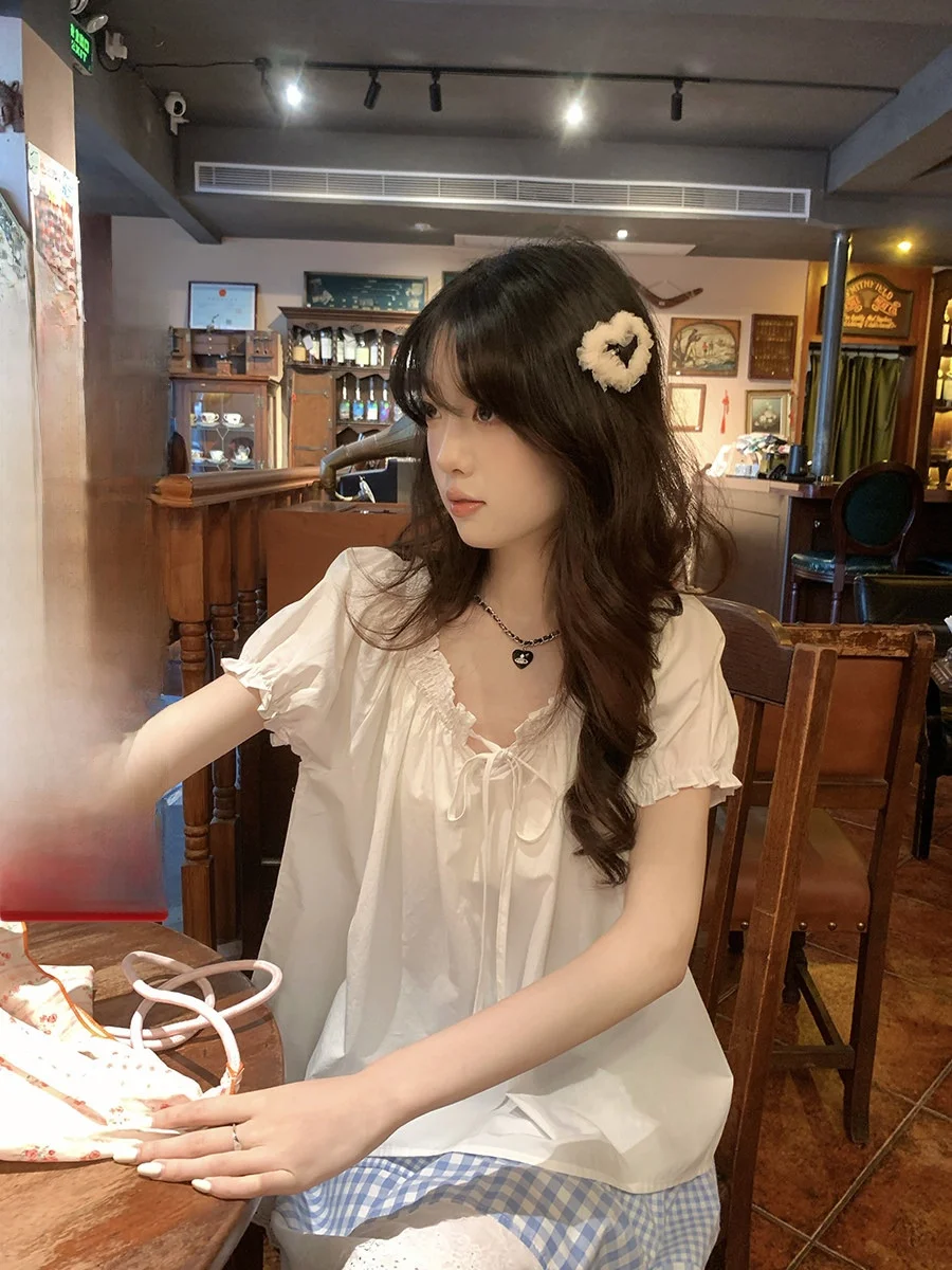 

Новинка: Женский летний топ Holli Korean Sle Sweet Loose Bubble Sve из смесового хлопка – комфортный и дышащий