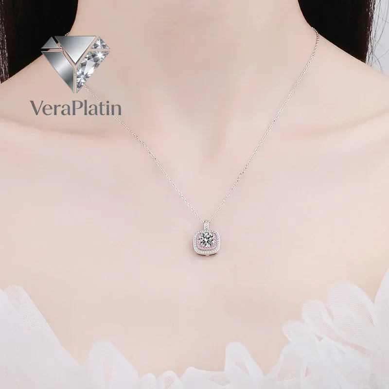 

VeraPlatin Girl Friend Valentine's Day 18K White Gold Necklaces 1CT Moissanite Diamond Women Birthday Gift PT950 Platinum Weddin