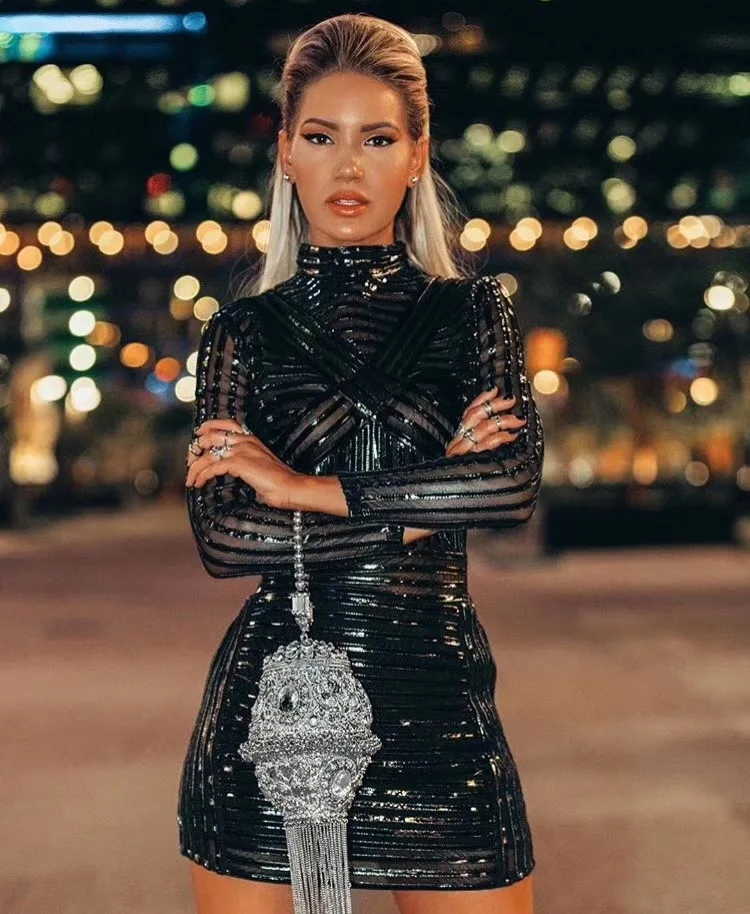 

Black Color Leather Patchwork Mesh Half High Collar Mini Dress Fashion‘s Sexy Woman Party Outfit Luxury Wine party Vestdio
