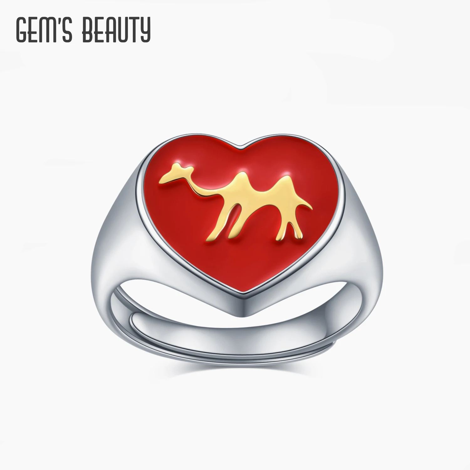 

GEM'S BEAUTY 18K White Gold Filled 925 Sterling Silver Adjustable Ring Enamel Camel Red Heart Ring For Women Fine Jewelry