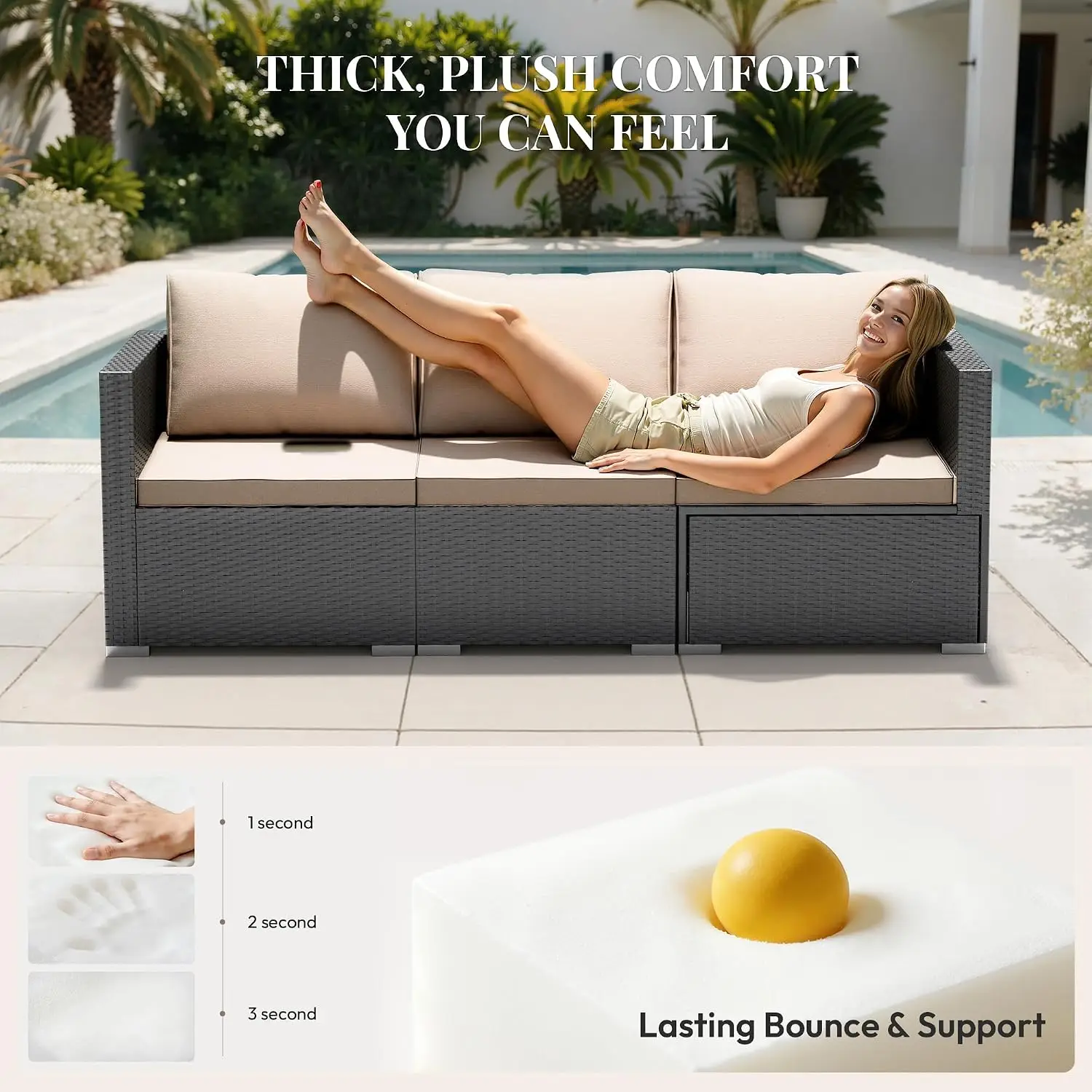 Wide Armrest Wicker Rattan Outdoor Patio Sofa Set, Modular Sectional For Garden Poolside Backyard, 5 Piece, Khaki, Customized