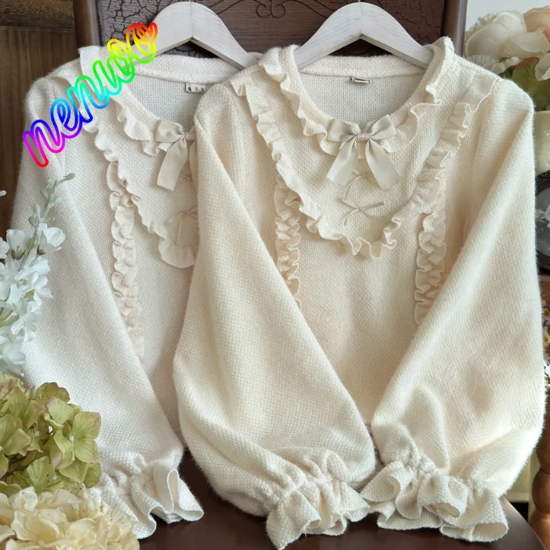 

Оригинальный японский милый свитер в стиле Лолита с круглым вырезом, рукавами-фонариками, бантом и оборками, универсальный вязаный пуловер для женщин