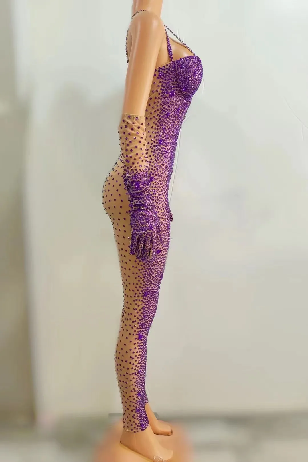 Luxurious Rhinestones Jumpsuit Gloves Women Evening Party Birthday Outfit Sexy Stage Mesh Performance Dance Costume Stage Wear