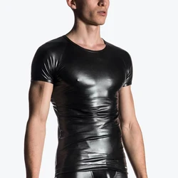 Men Stretch Faux Leather Short Sleeve Top T-Shirt PU Wet-Look Slim Bar Stage Performance Tee Slim Male Top T Shirts