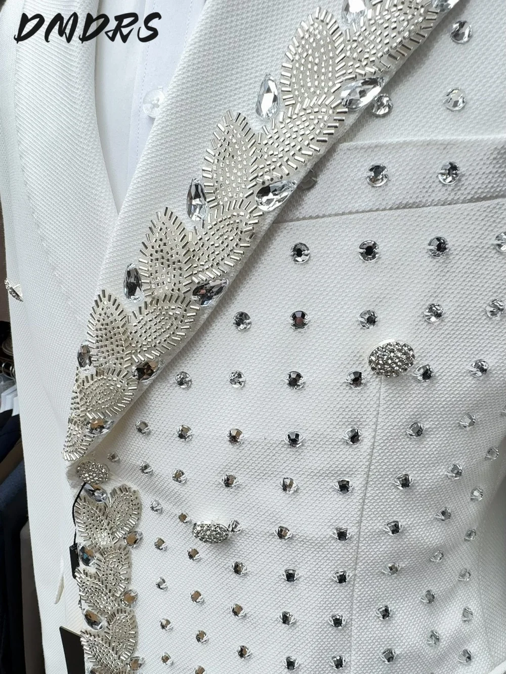 

Exquisite Diamond Suit Set For Men 2025 Classic White Double Breasted Tuxedo Set Formal Blazer Vest Pants Crystals Men's Suits