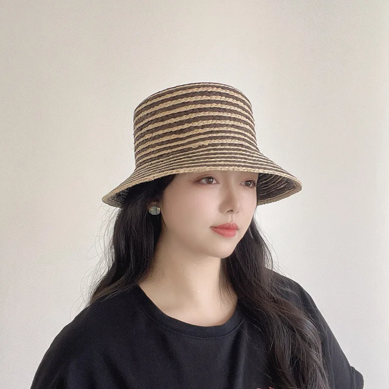 TOMKHU 2024 New Striped Summer Show Natural Lafite Woven Bucket Hat Fashion Men's and Women's Casual Hat