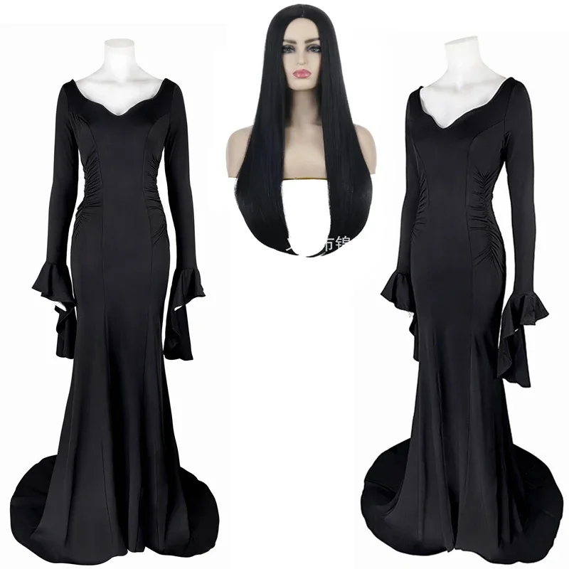 Addams Wednesday Morticia Addams Cosplay Costume Halloween Sexy Dress Wig  Adult Women Punk Gothic Witch Lace Up Slim Gown Dress