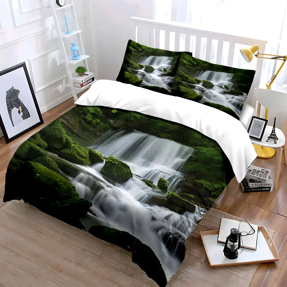 Waterfall and moss-covered forest stream Bedding Set for Kids Luxury Gift 3pcs Digital Print Comforter Set Soft Comfortable