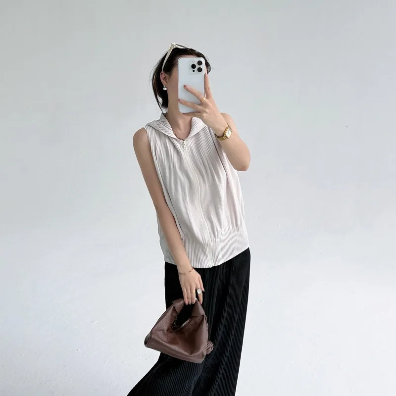 ミヤケ フード付き クロップド ノースリーブ ジッパー カーディガン プリーツ オーバーサイズ ベスト レイヤリング 多用途 着痩せ タンクトップ レディース アウター