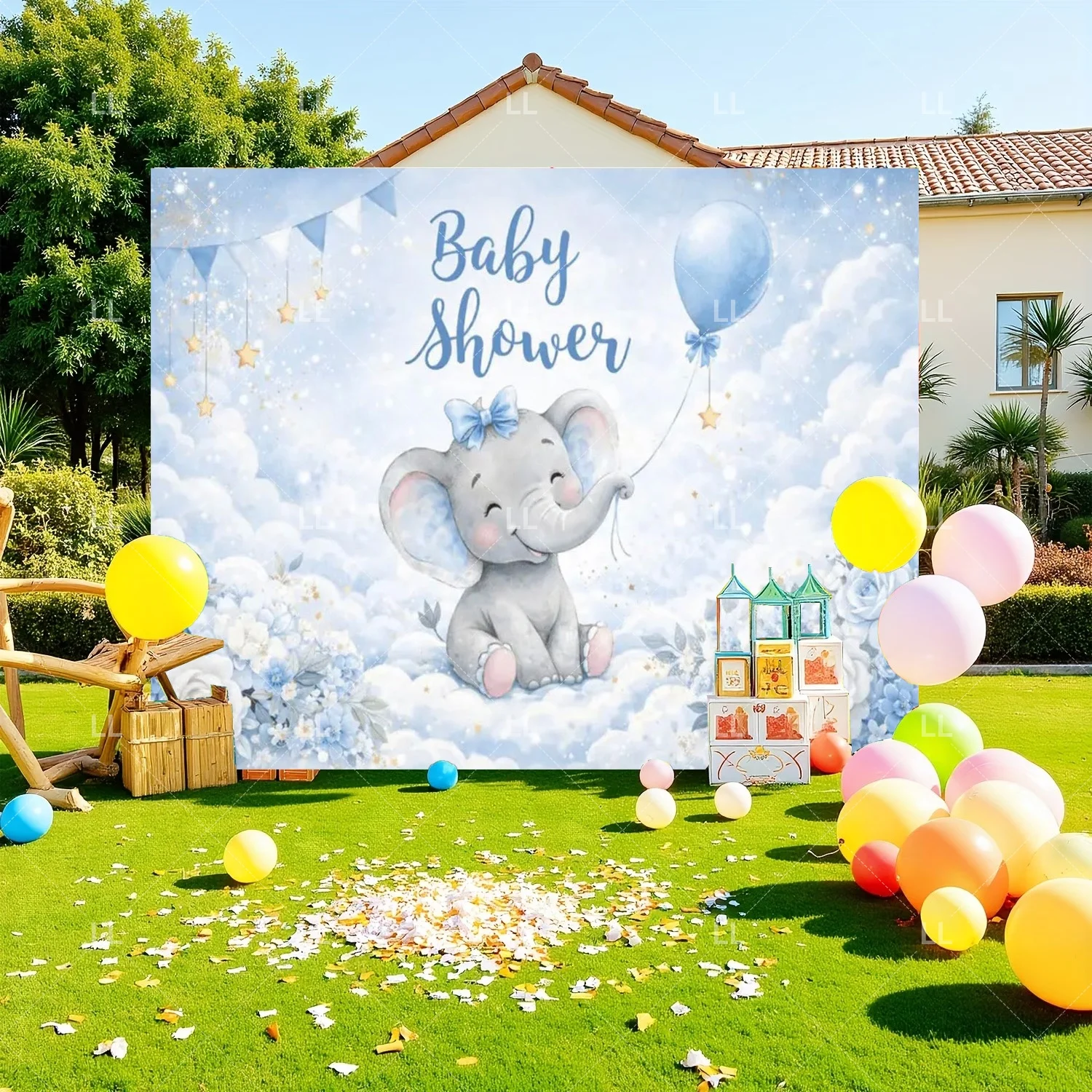 Niedliche Elefanten-Geburtstagsparty-Dekorationen, Hintergrund in Blau und Rosa für Jungen und Mädchen, Fotografie-Hintergrund, Babyparty-Dekoration, Geschenk für Neugeborene und Kinder – Detail 3