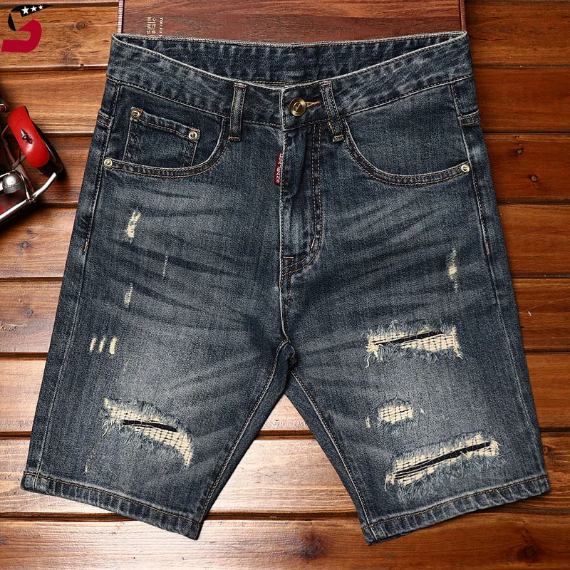 High-end fashion ripped patch denim shorts men\'s slim fit stretch fashion Korean style blue retro fashionable fifth pants