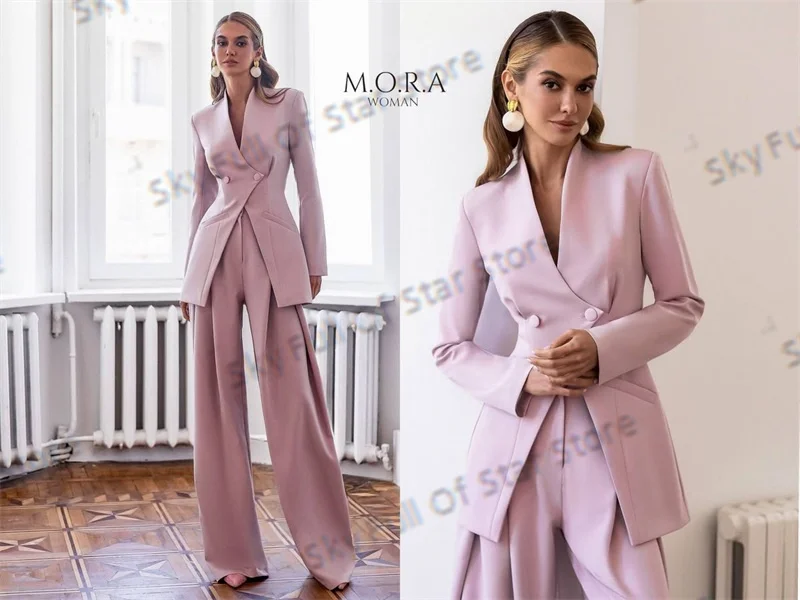 

Sexy Pink Women Suit Set 2 Pcs Blazer+Pants Trousers V Neck Cotton Formal Office Lady Jacket Wedding Prom Coat Customized