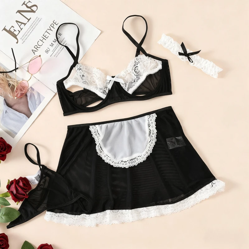 Toucheart Seksi Üniforma Takım Elbise Hizmetçi Cosplay Seksi Kostüm Dantel Crotchless Etek Kadın Bebek Arzu Hizmetçi Perspektif Seks Üniforma