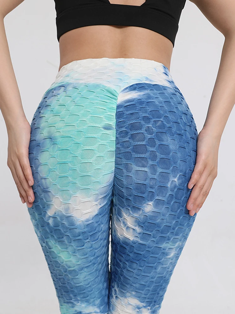 Workout Leggings Pockets Women Tie-dye Gym Sports Tights Knitted Fitness Yoga Pants High Waist Elastic Athletic Push Up Running