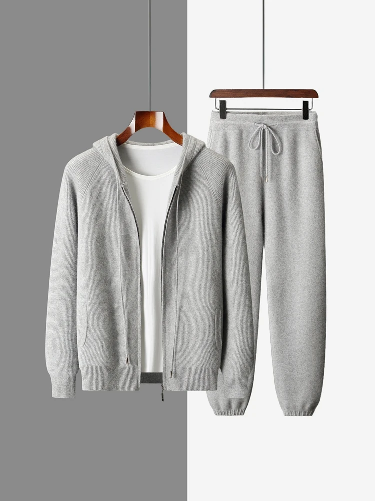 

100% Cashmere Sweater Men Hooded Zippers Cardigan Pants Sets Autumn Winter Pencil Trousers Elastic Waist Casual Thicken Knitted