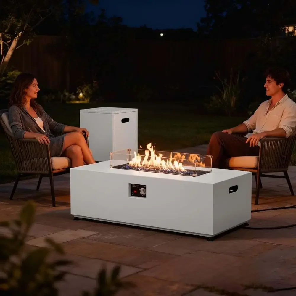 42-Inch Outdoor Propane Fire Pit Table with Wind Guard, Lid, Stones, and Cover
